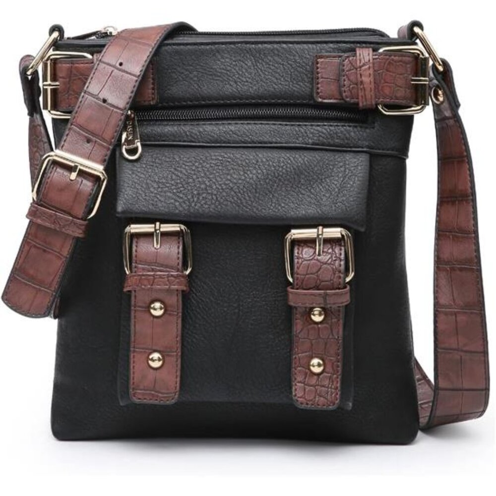Black & Brown Two Tone Crossbody or Messenger Bag, Soft Vegan Leather EUC